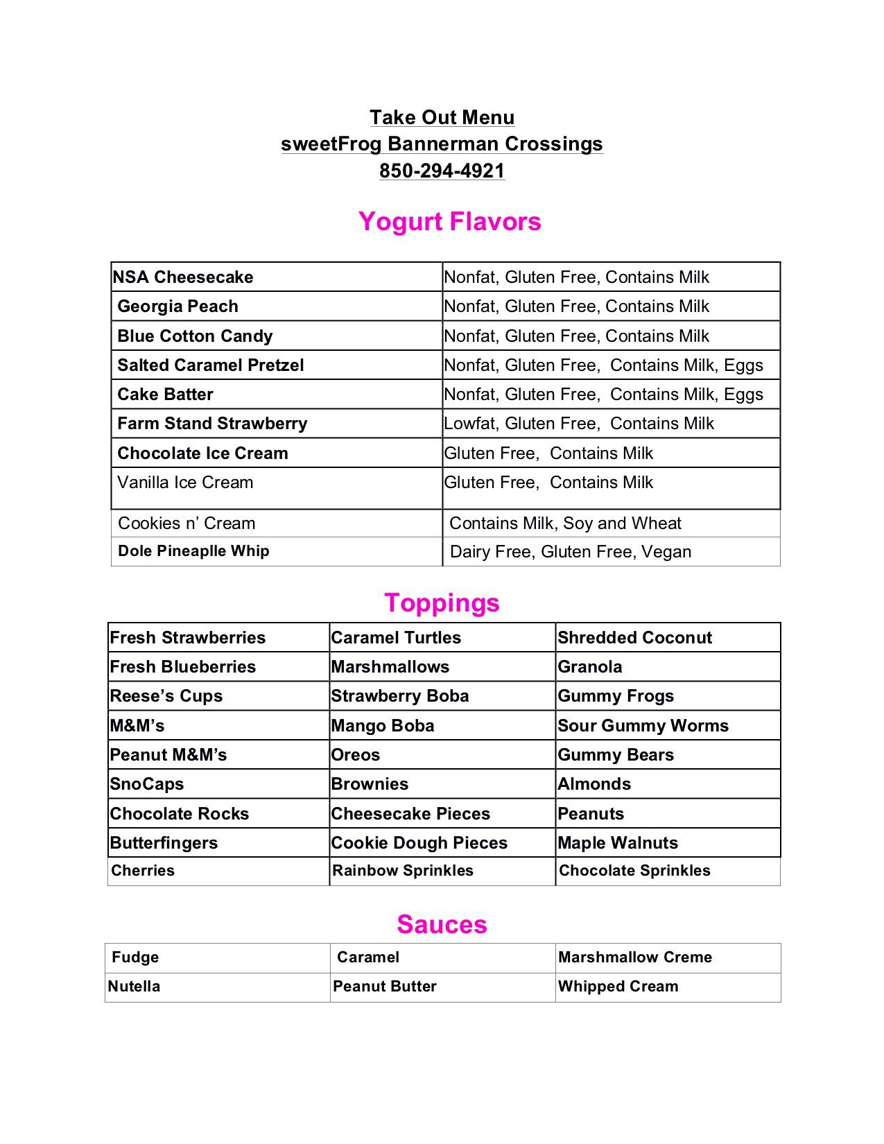 sweetFrog Premium Frozen Yogurt Menu