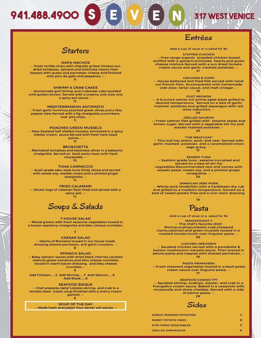 Seven on Venice Menu