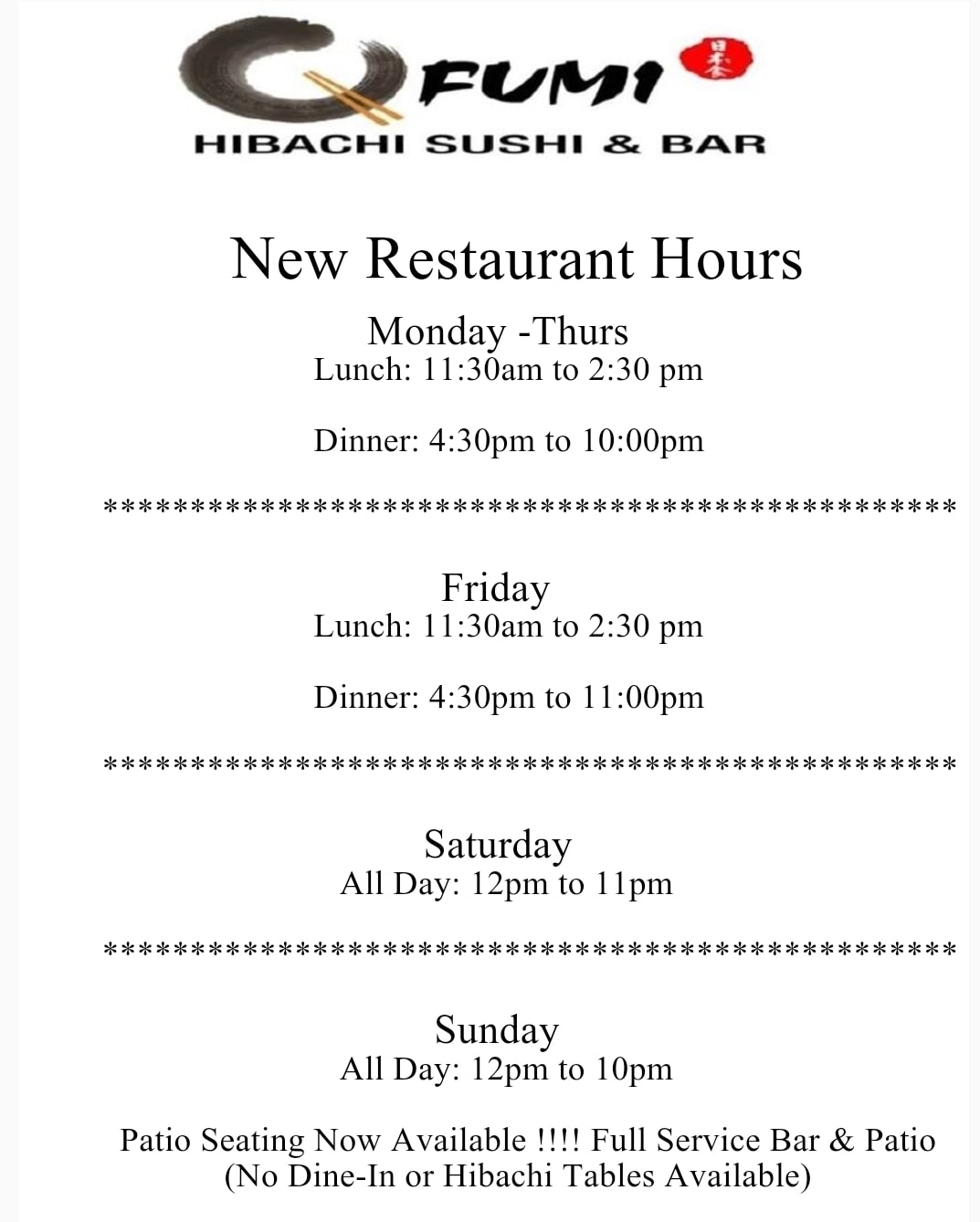 Fumi Hibachi Sushi 3550 Mall Blvd NW, Duluth