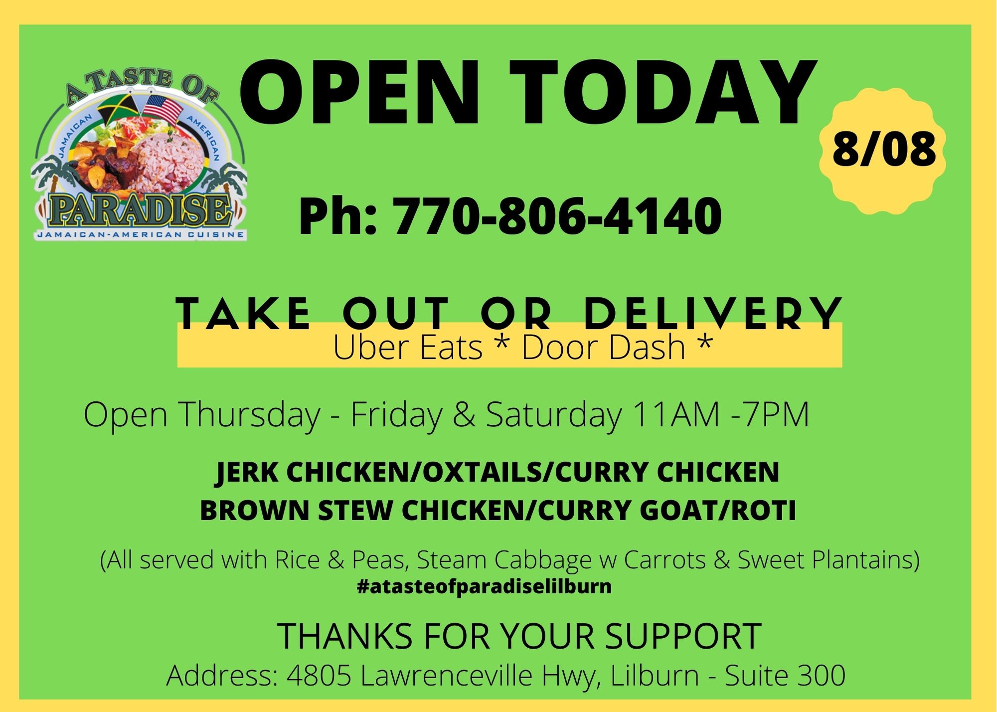 A Taste of Paradise Jamaican Restaurant 4805 Lawrenceville Hwy, Lilburn