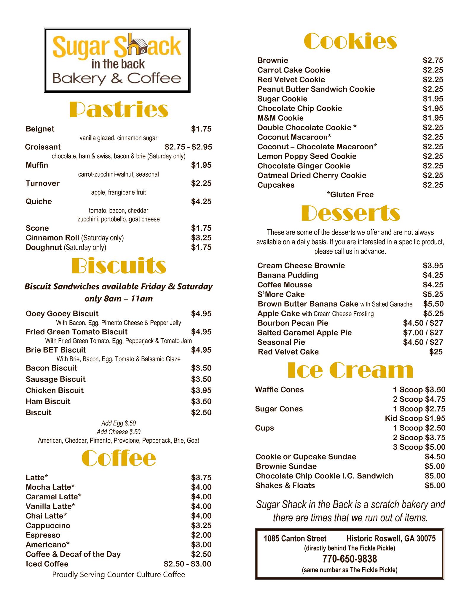 Sugar Shack in the Back Menu