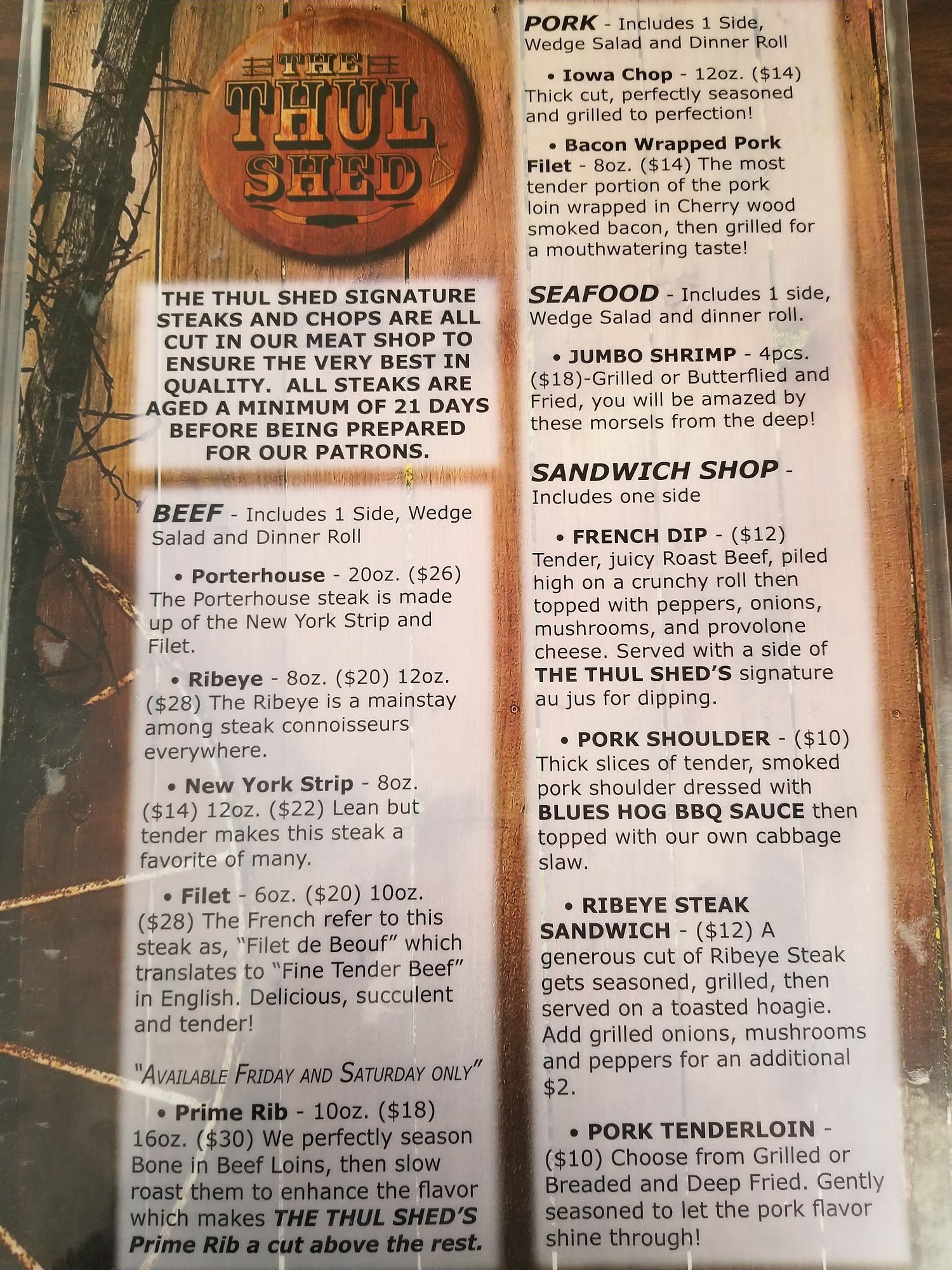 THE THUL SHED Menu
