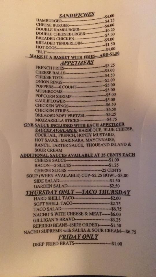 Gilligan's Pub-Grub Menu