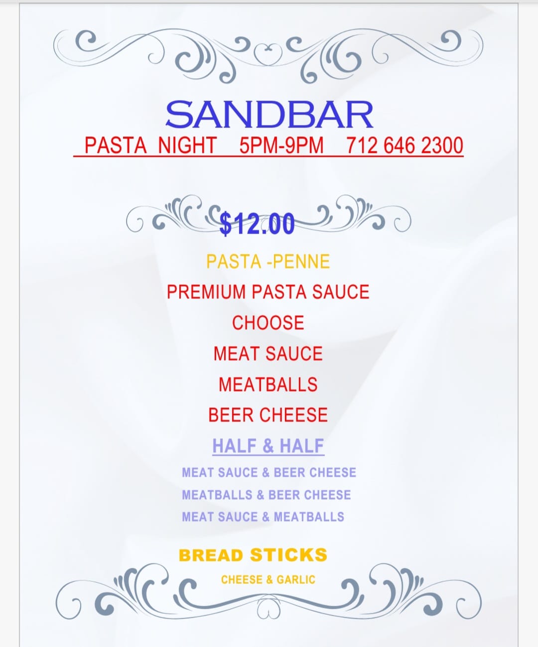 Sandbar Menu