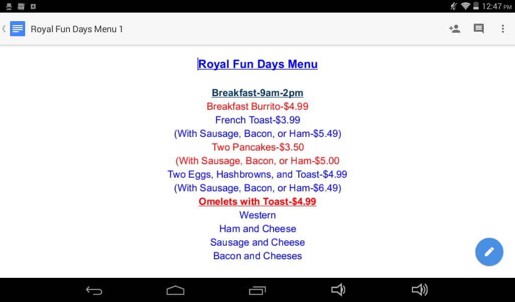 Royal Cafe Menu