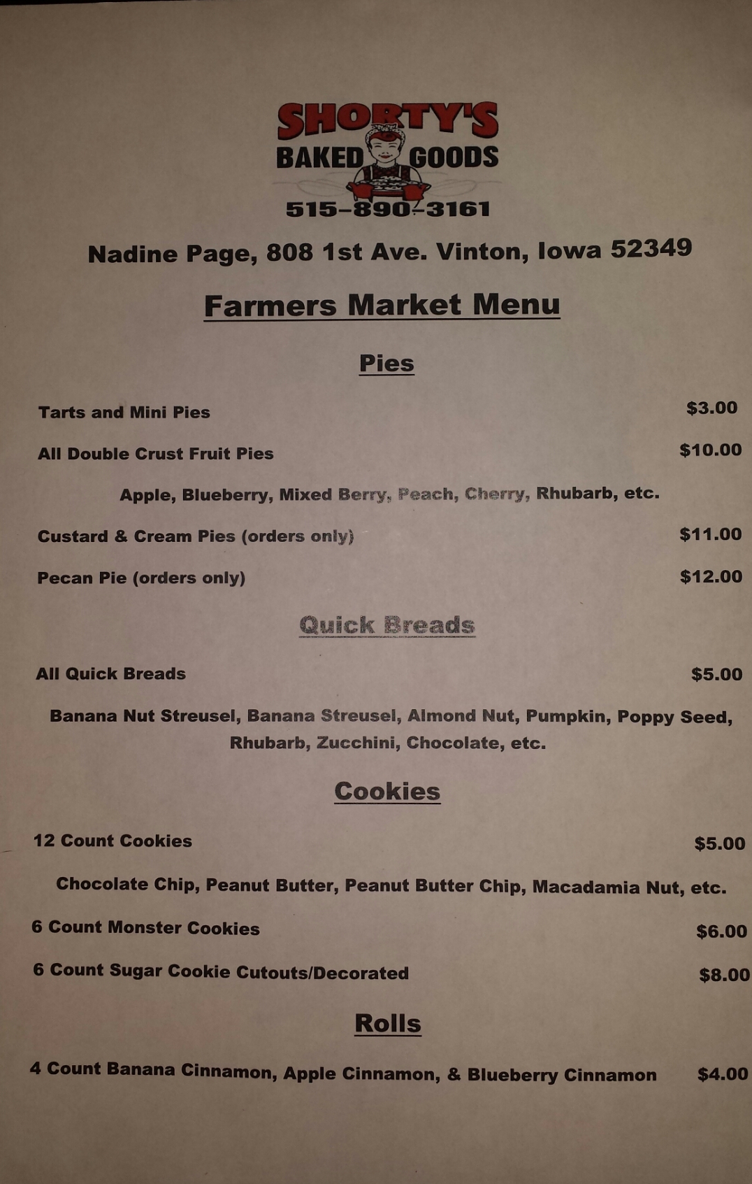 Shorty's Baked Goods Menu