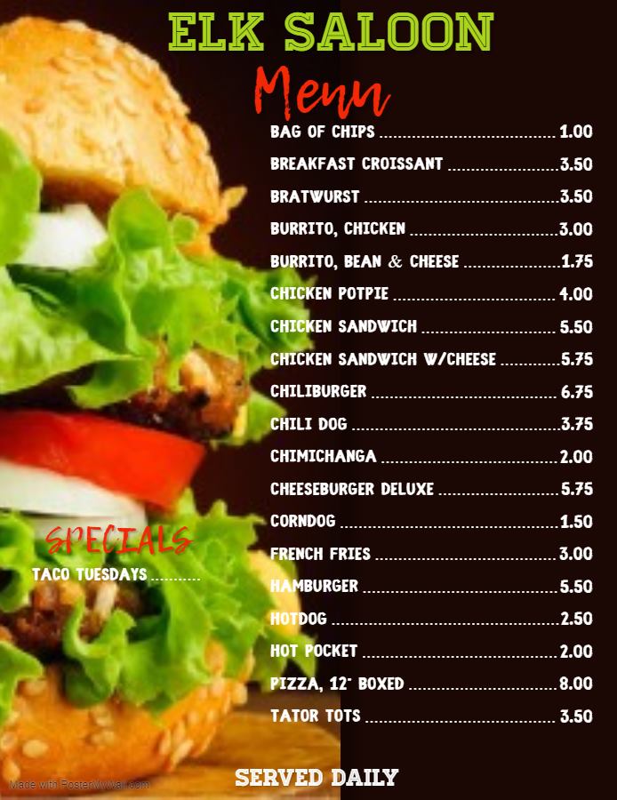 Elk Saloon Menu
