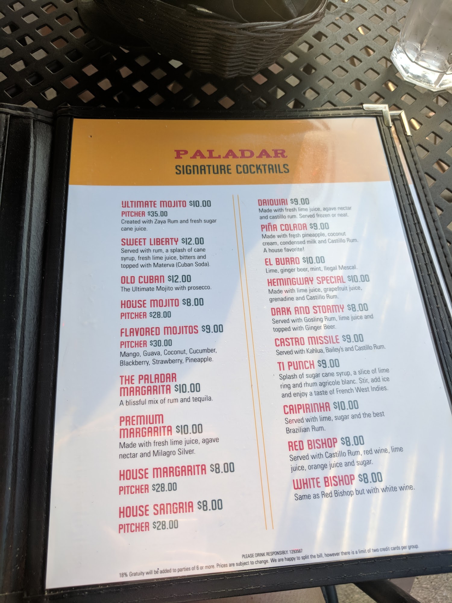 Paladar Cuban Restaurant Menu