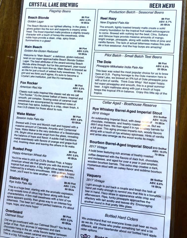 Crystal Lake Brewing Menu
