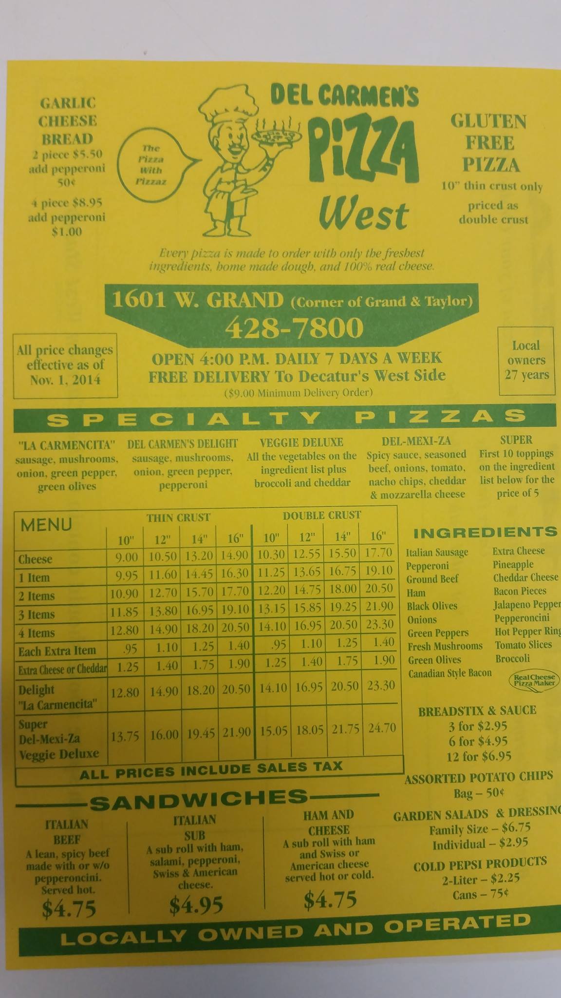 Del Carmen's Pizza West Menu