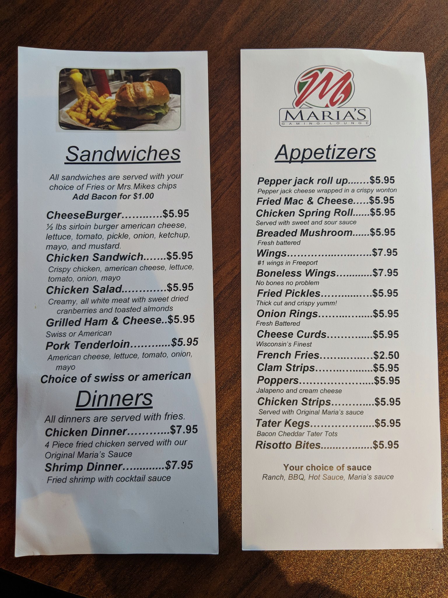 Maria's gaming lounge Menu