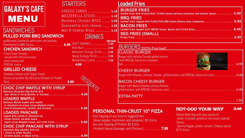 Galaxy Gaming Lounge & Cafe Menu