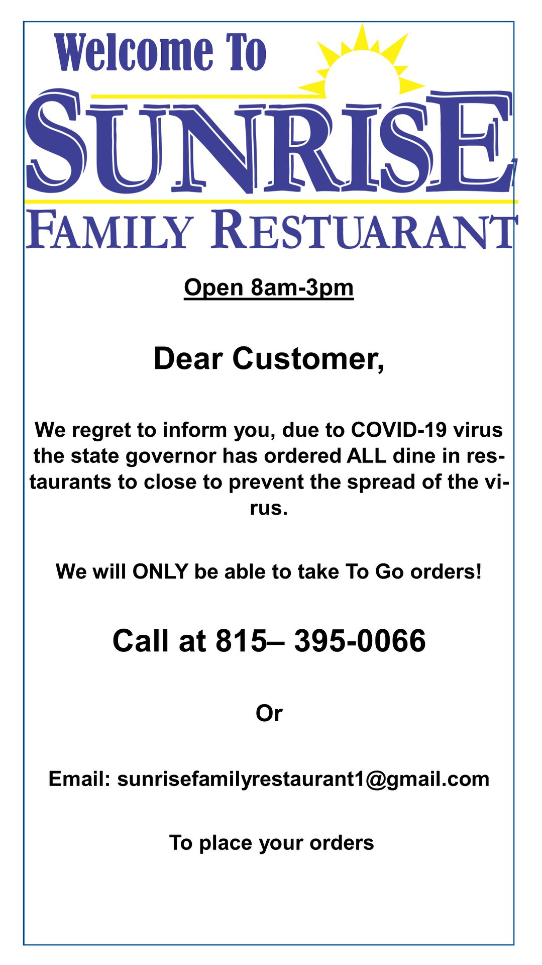 SUNRISE FAMILY RESTAURANT 5683 Wansford Way, Rockford
