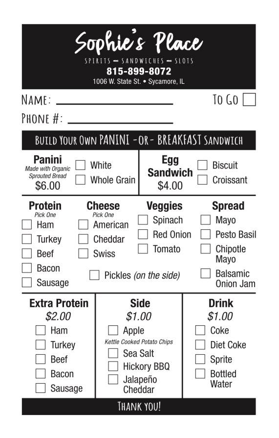 Sophie's Place Menu