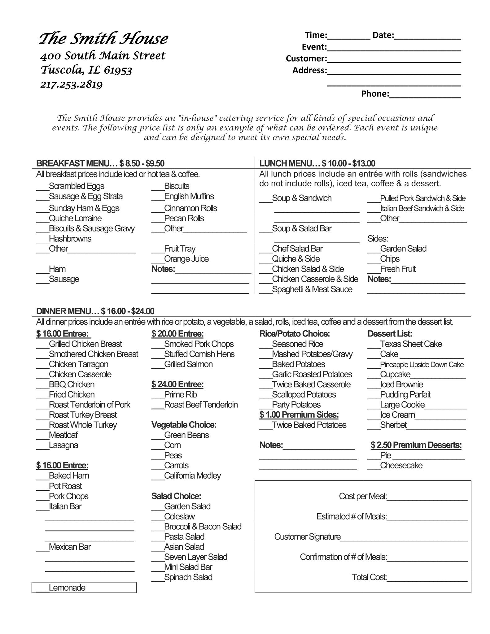 The Smith House Menu