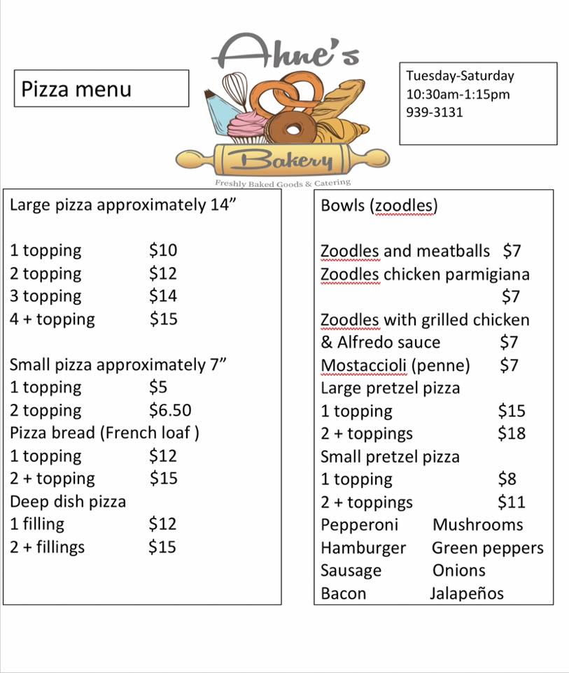 Ahne's Bakery Menu