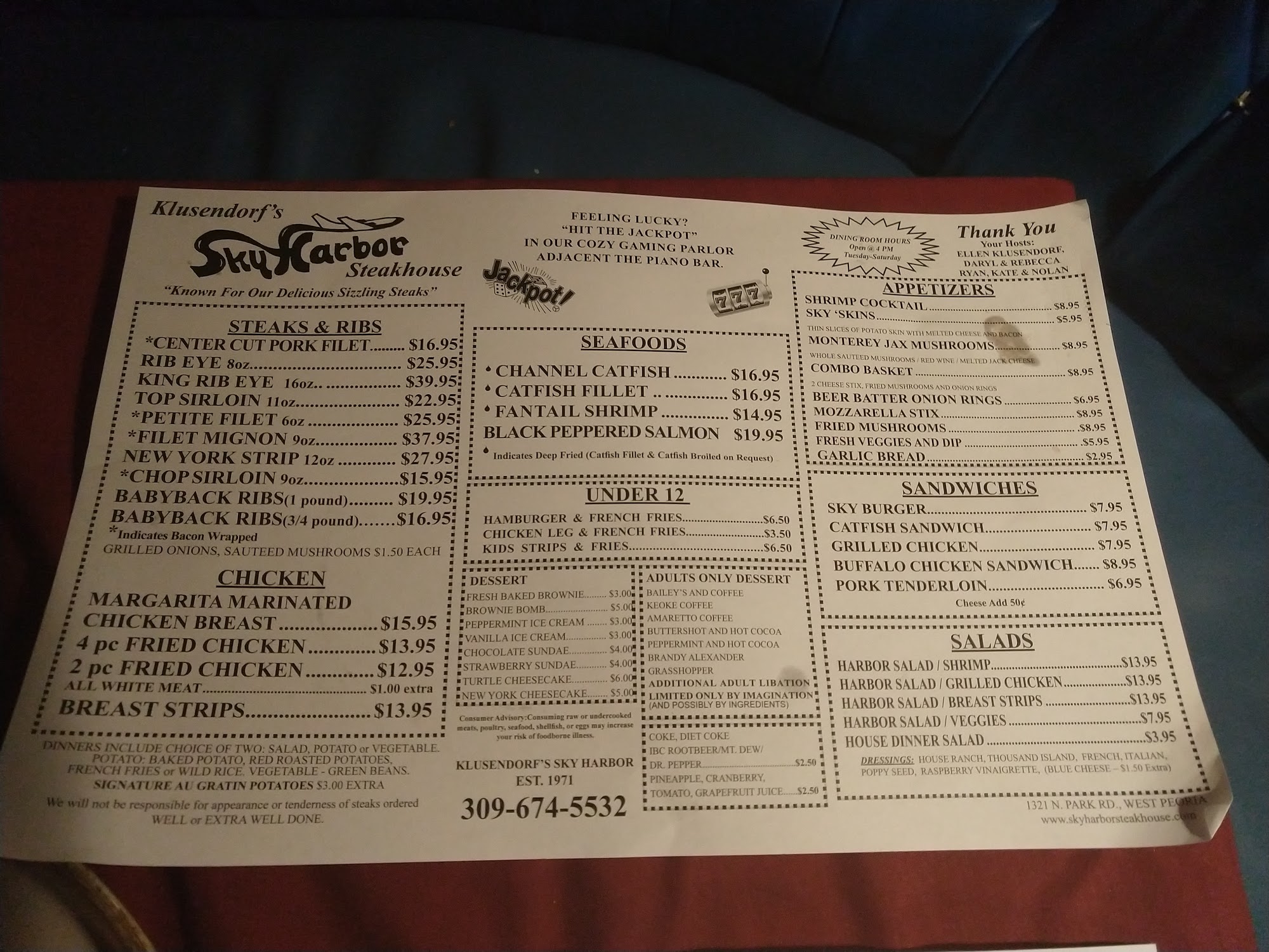 Sky Harbor Steak House Menu