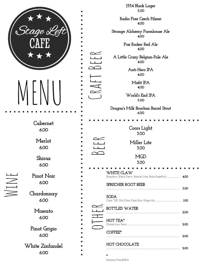 The Stage Left Cafe Menu