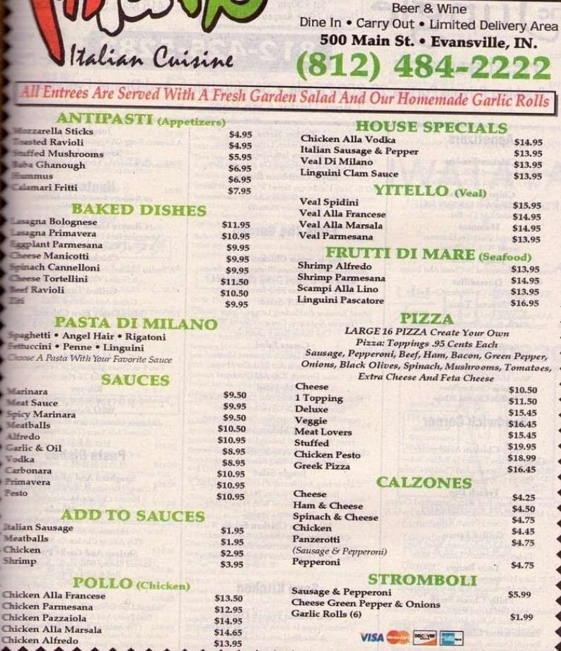 Milanos Italian Cuisine 500 Main St, Evansville
