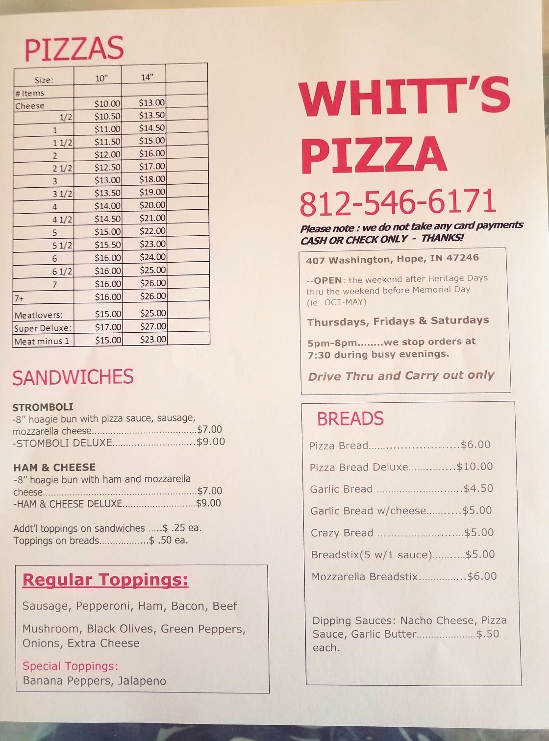 Whitt's Pizza Menu