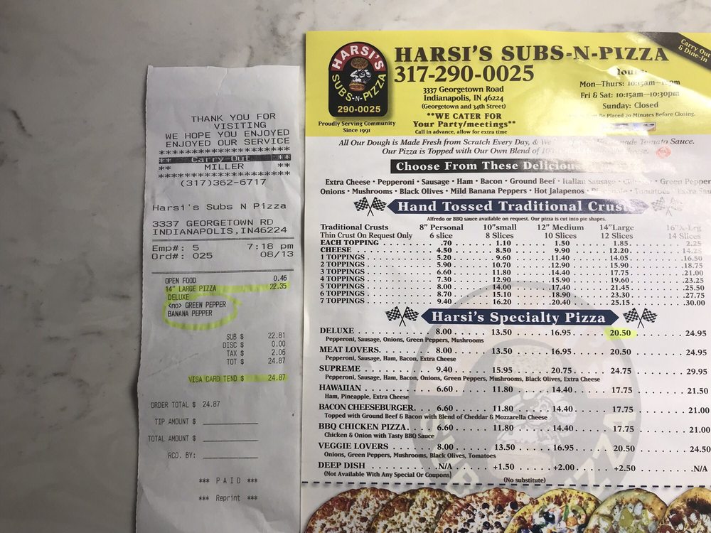 Harsi's Subs N Pizza 3337 Georgetown Rd, Indianapolis