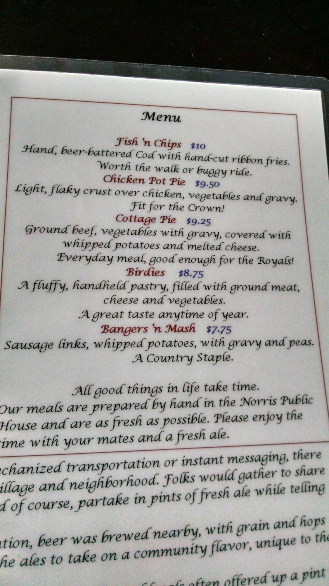 Norris English Pub and brewery Menu