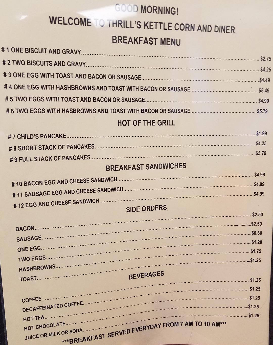 Thrills Kettle Corn & Diner Menu