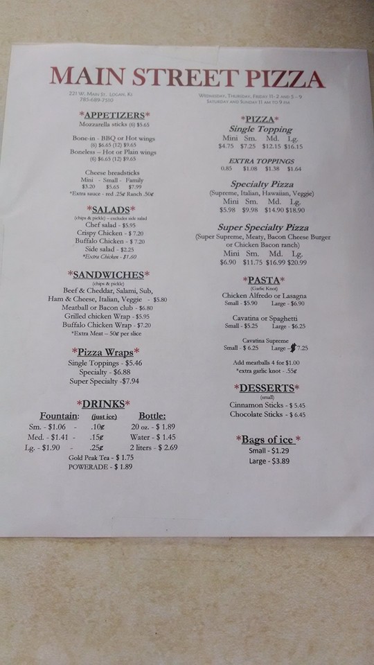 Logan Main Street Pizza Menu
