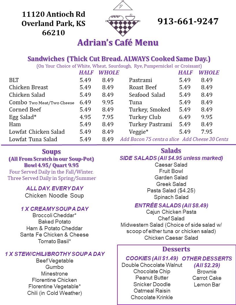 Adrian's Cafe Menu