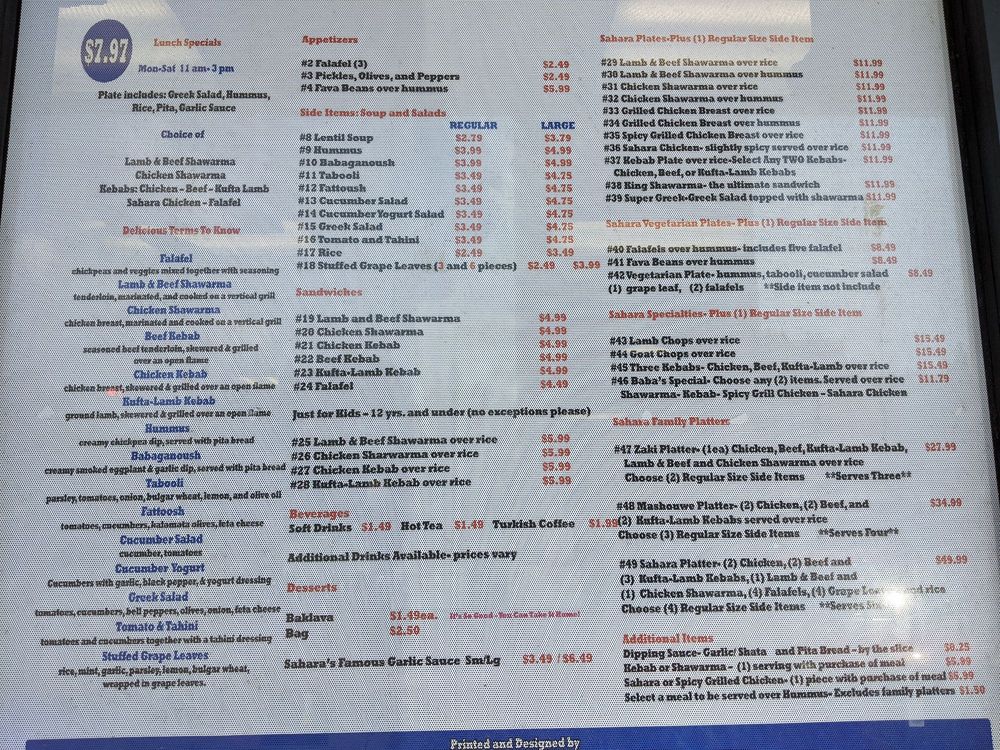 Sahara Mediterranean Cuisine 3061 Fieldstone Way, Lexington