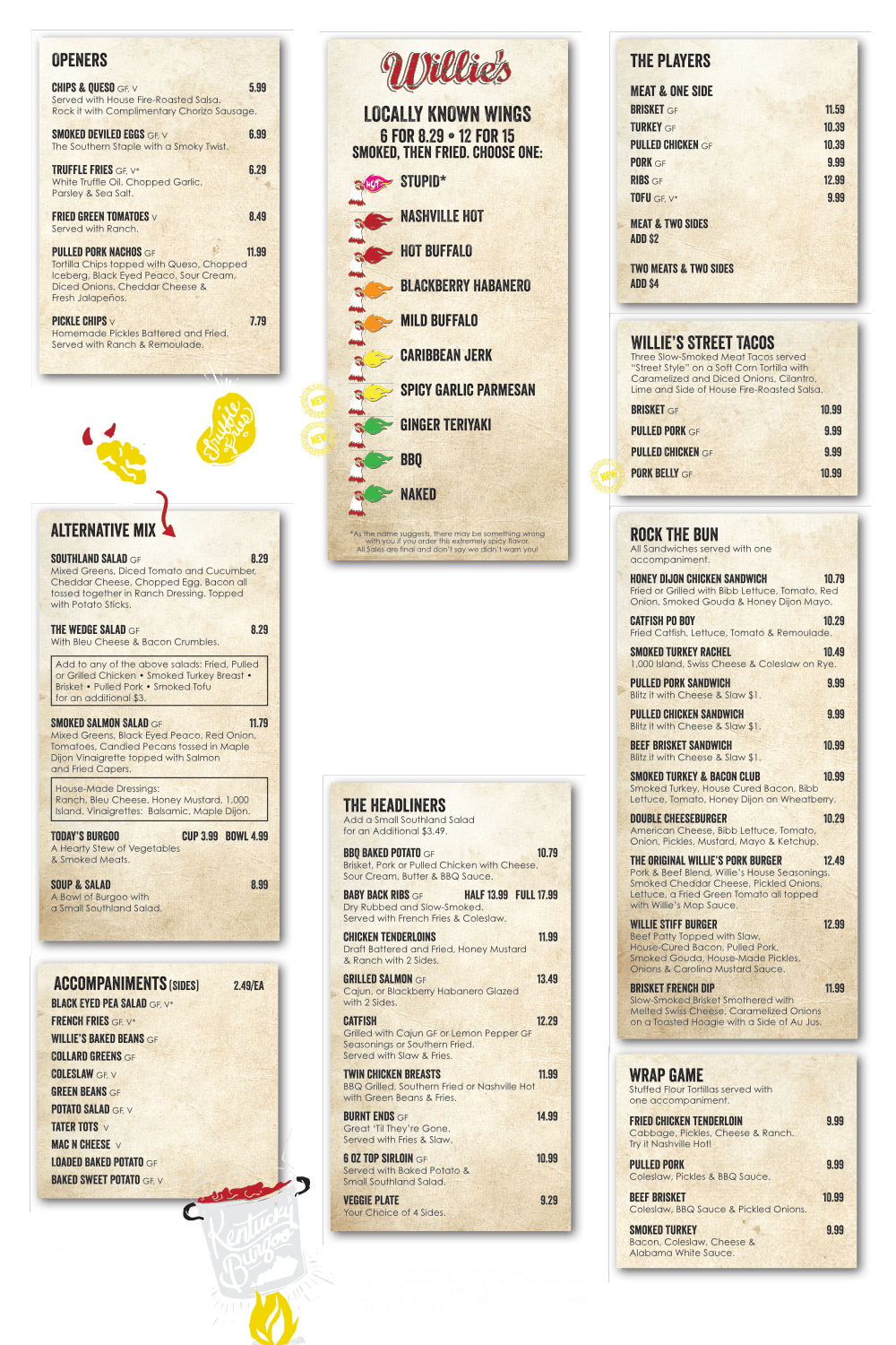 Willie's Locally Known Menu