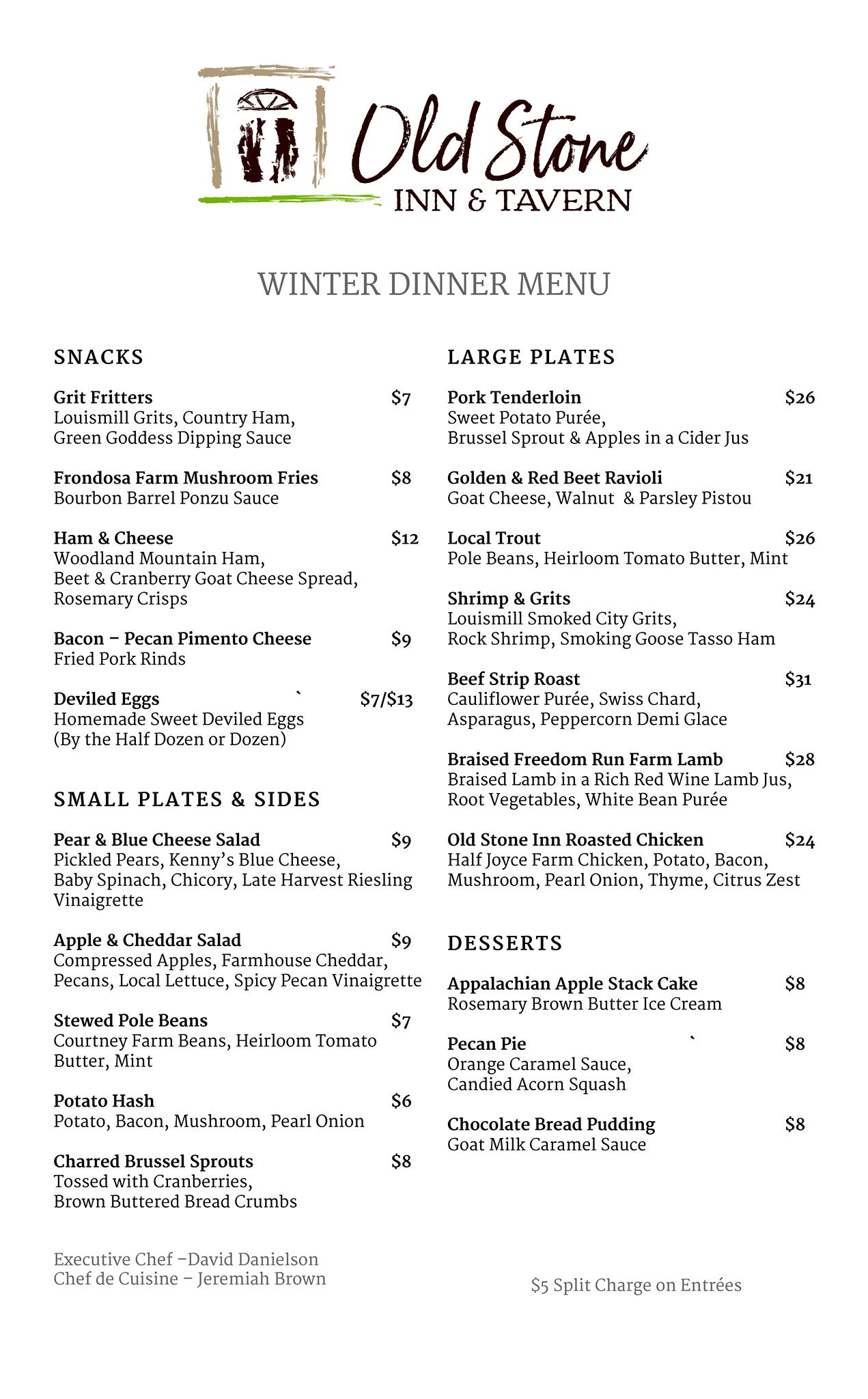 The Old Stone Inn & Tavern Menu