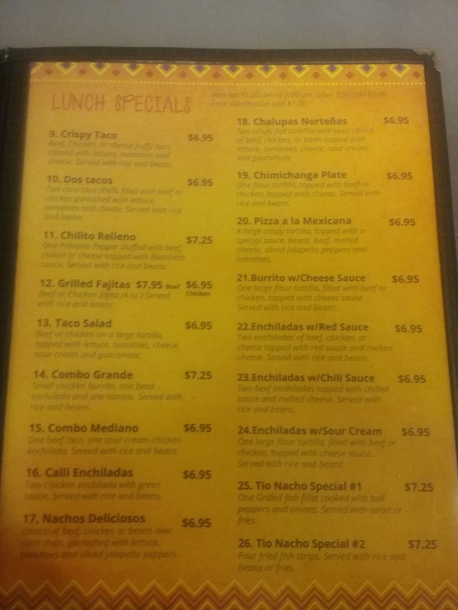 Tio Nacho Mexican Restaurant Menu