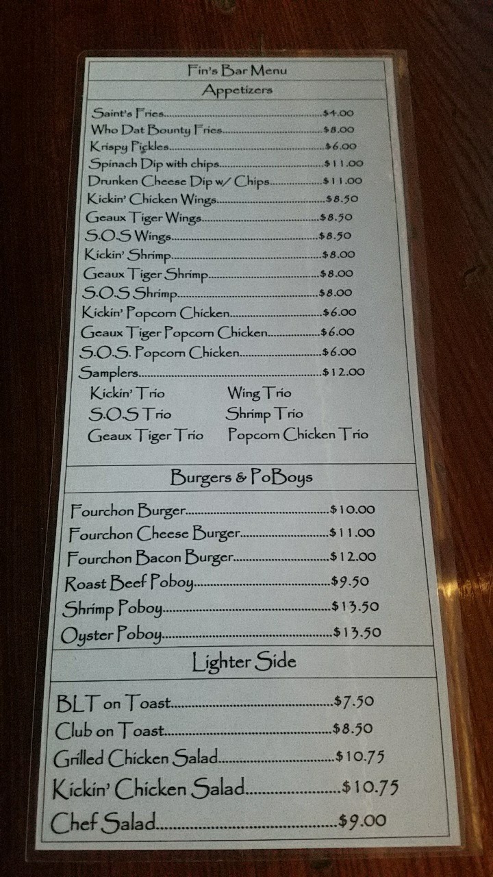 Fin's Bar Menu