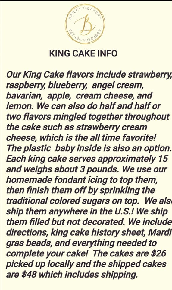 Bailey's Bakery Menu