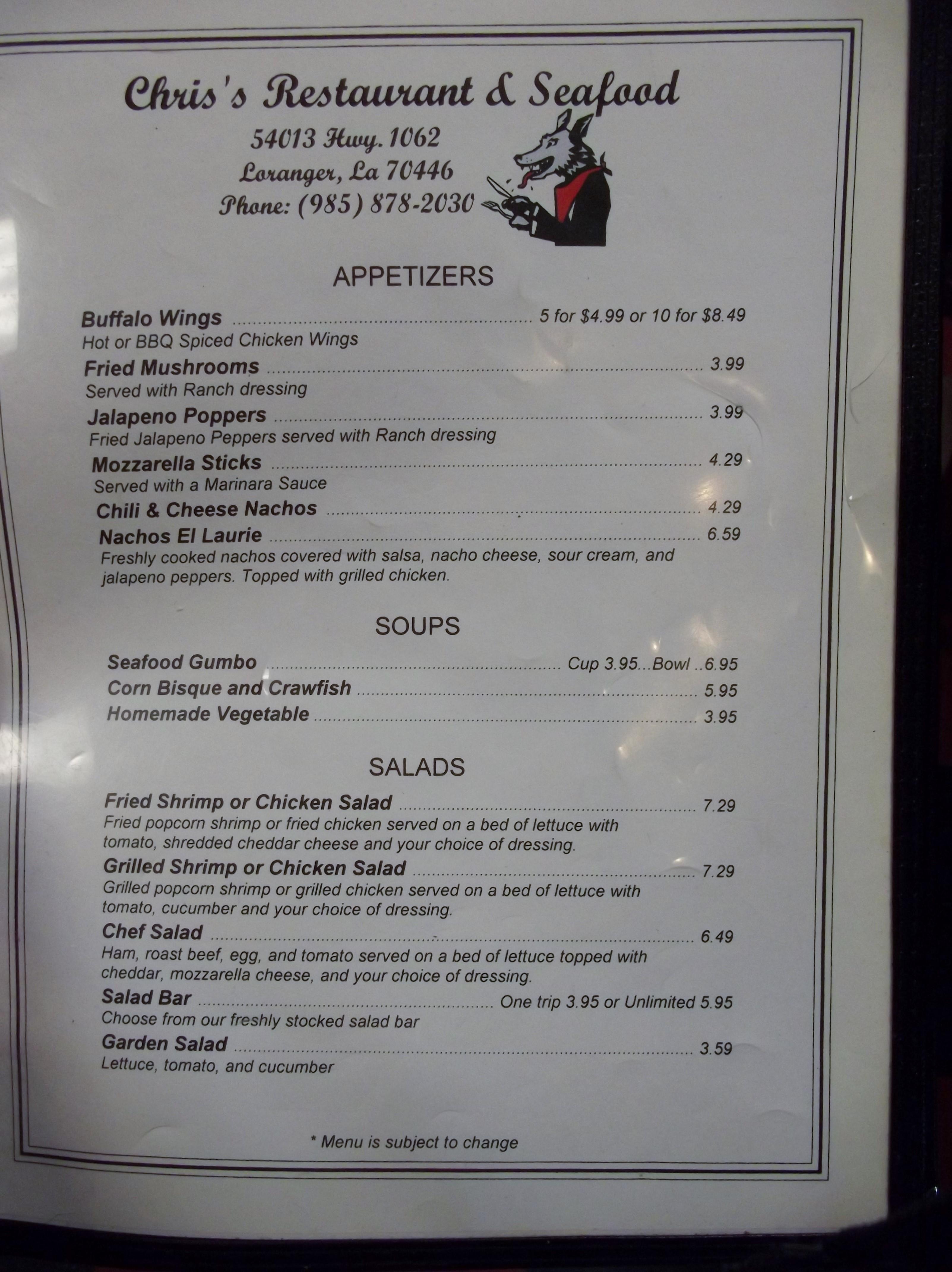 Chris's Restaurant Menu