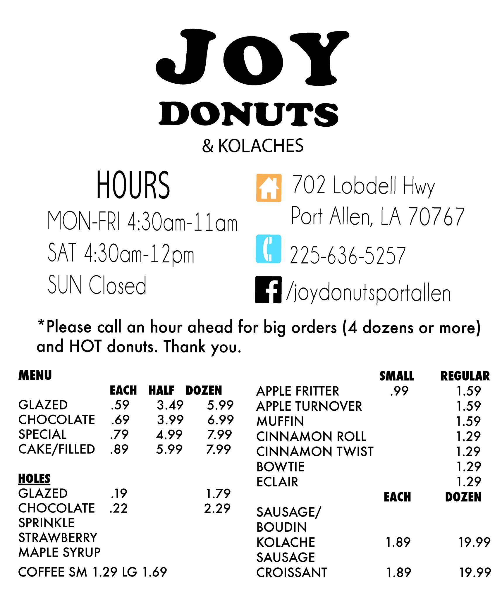 Joy Donuts Menu