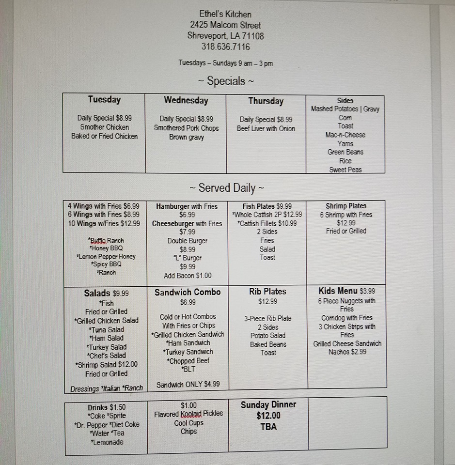 Ethel's Kitchen Menu