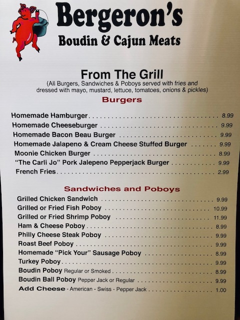 Bergeron's Boudin & Cajun Meats Menu