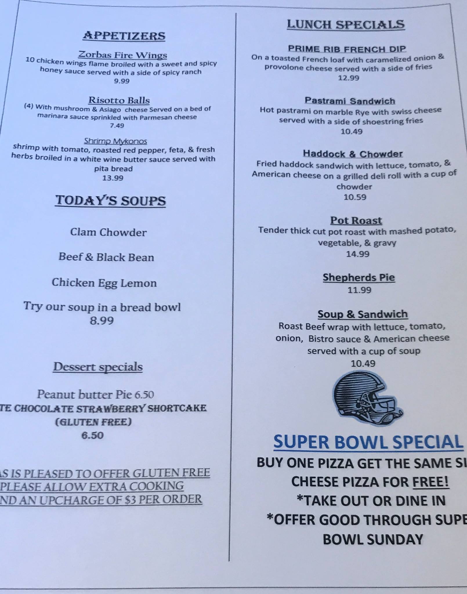 Zorbas Pizzeria Tavern Menu
