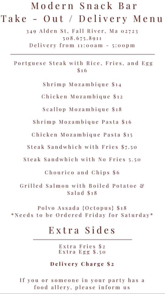 Moderns Snack Bar Menu