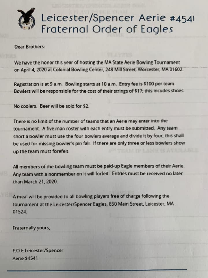 Fraternal Order of Eagles Menu