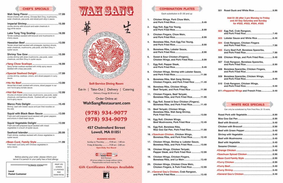 Wah Sang Chinese Restaurant 457 Chelmsford St, Lowell