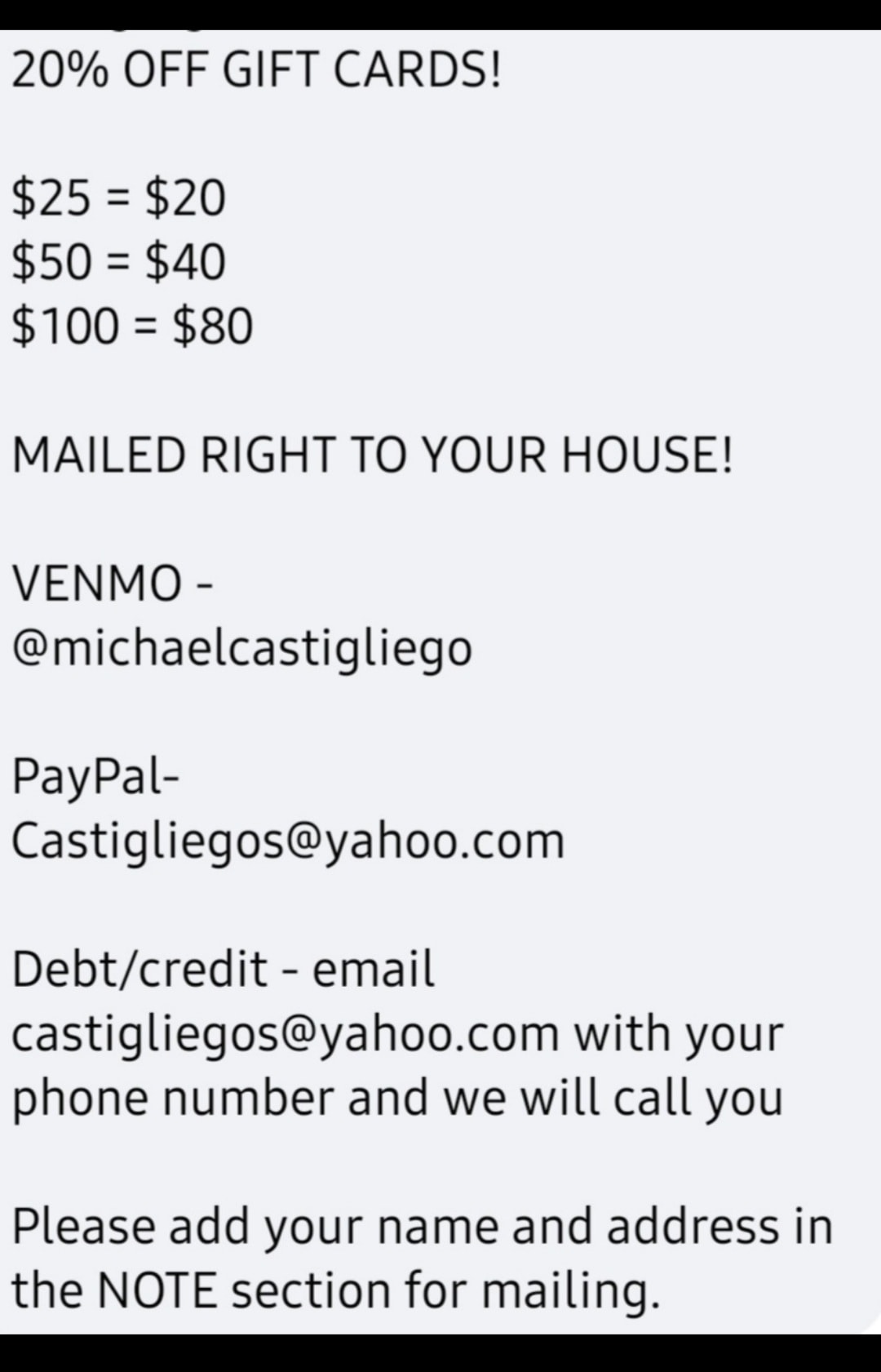 Castigliego's Seafood Menu