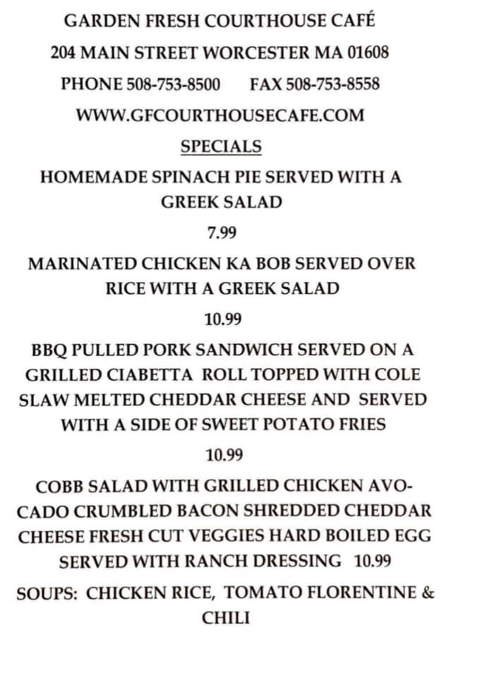 Garden Fresh Courthouse Cafe 204 Main St, Worcester