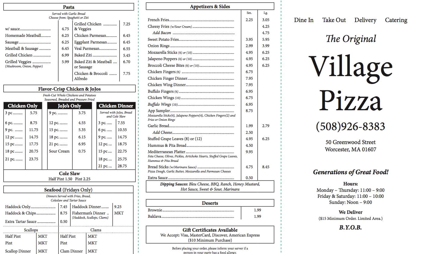 The Original Village Pizza Menu