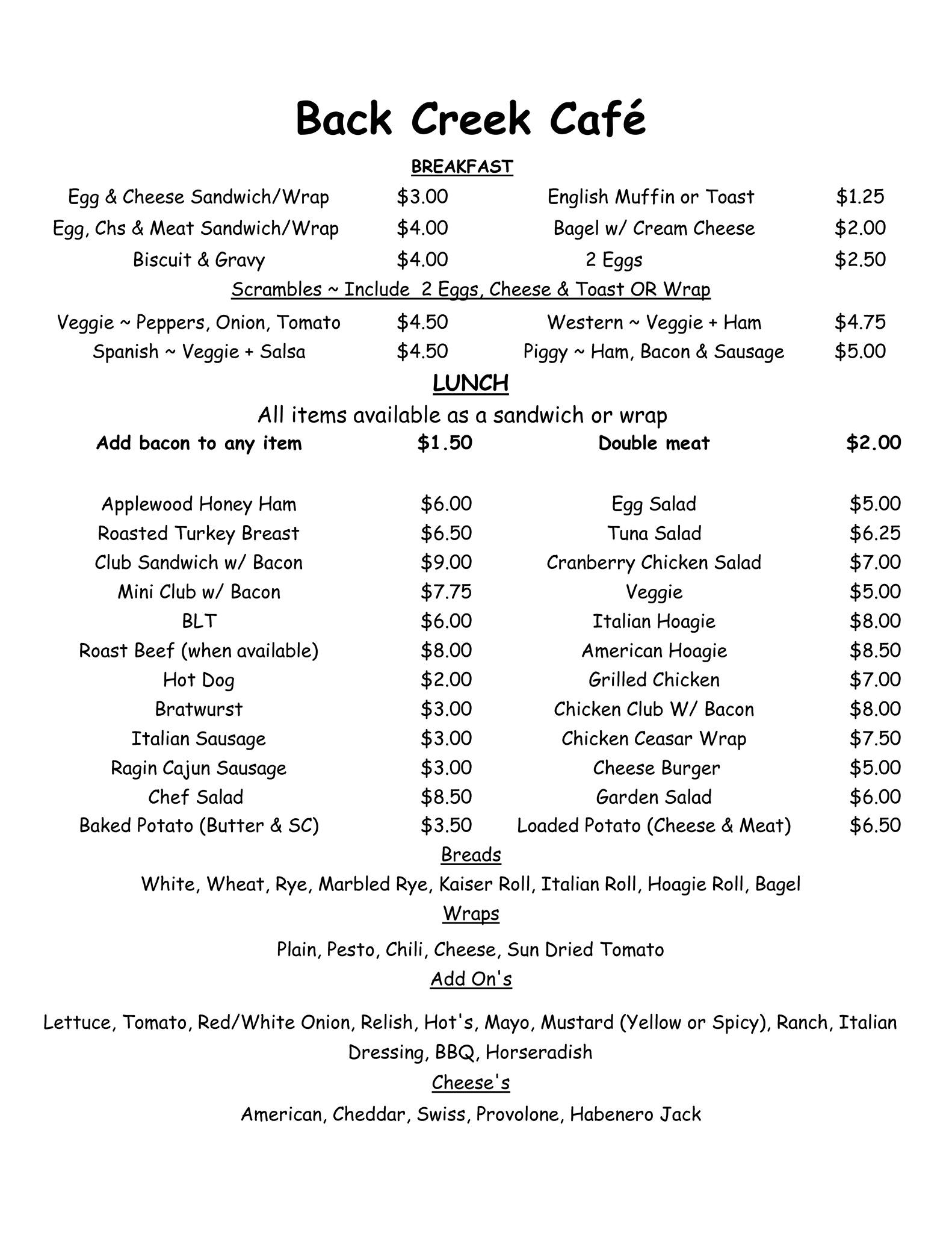 Back Creek Café & Boat Supply Menu