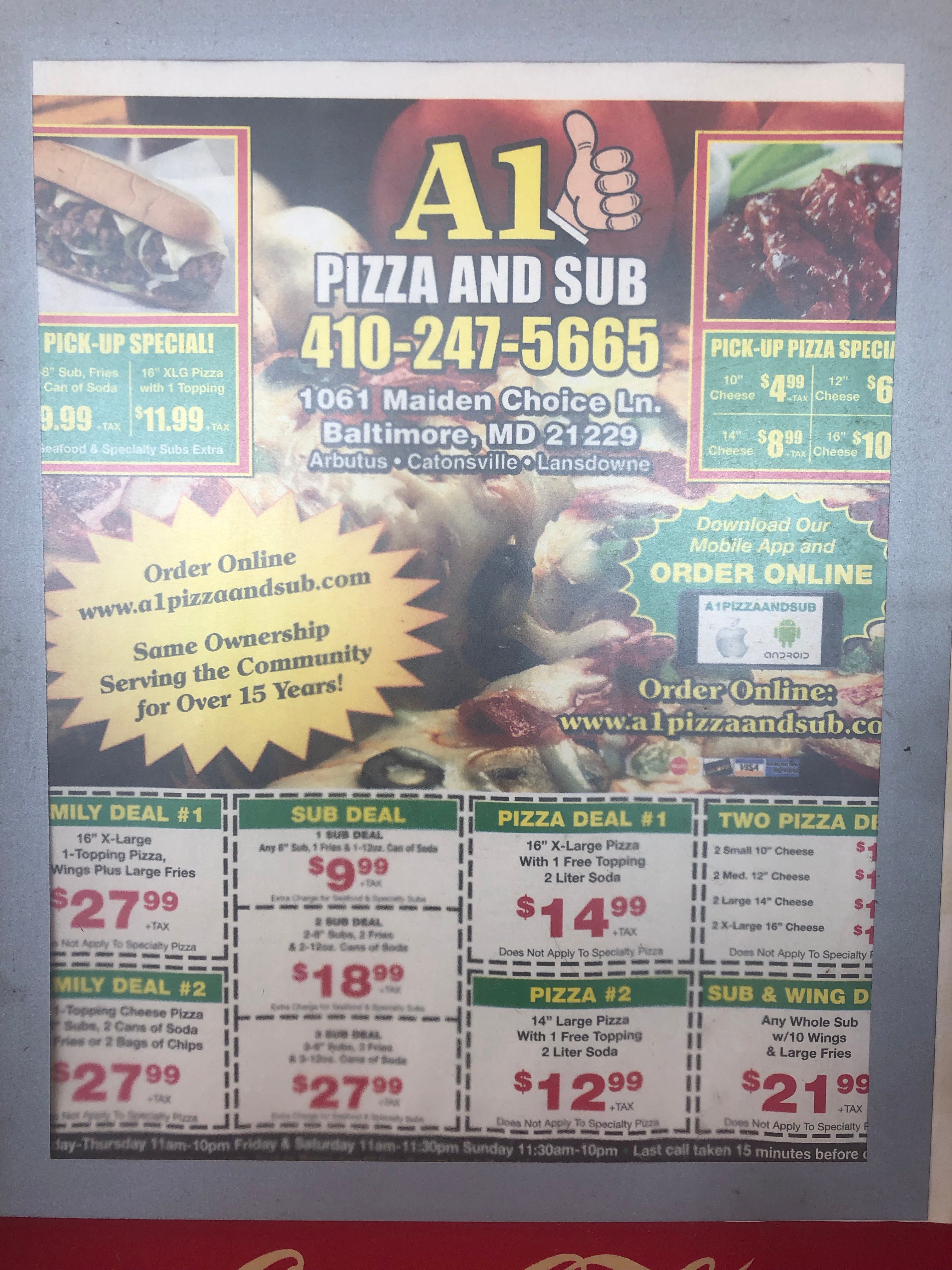 A1 Pizza and Sub Menu
