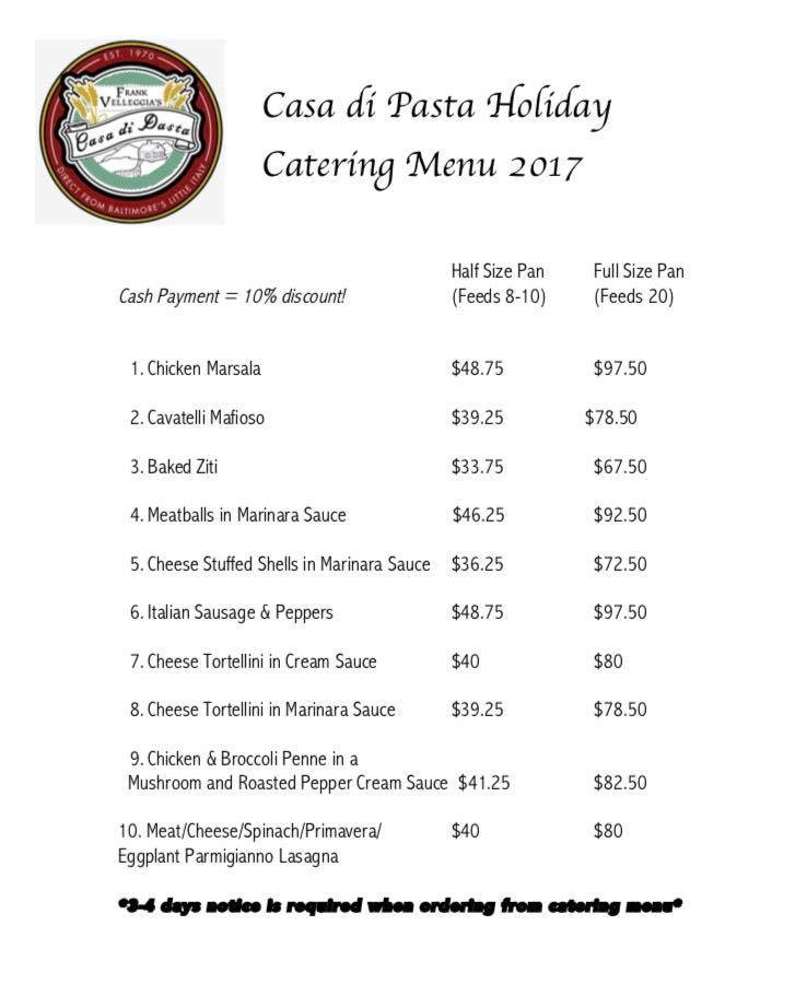 Casa Di Pasta Menu