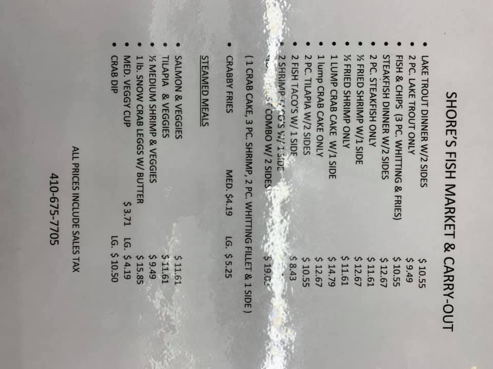 Shore Seafood Menu